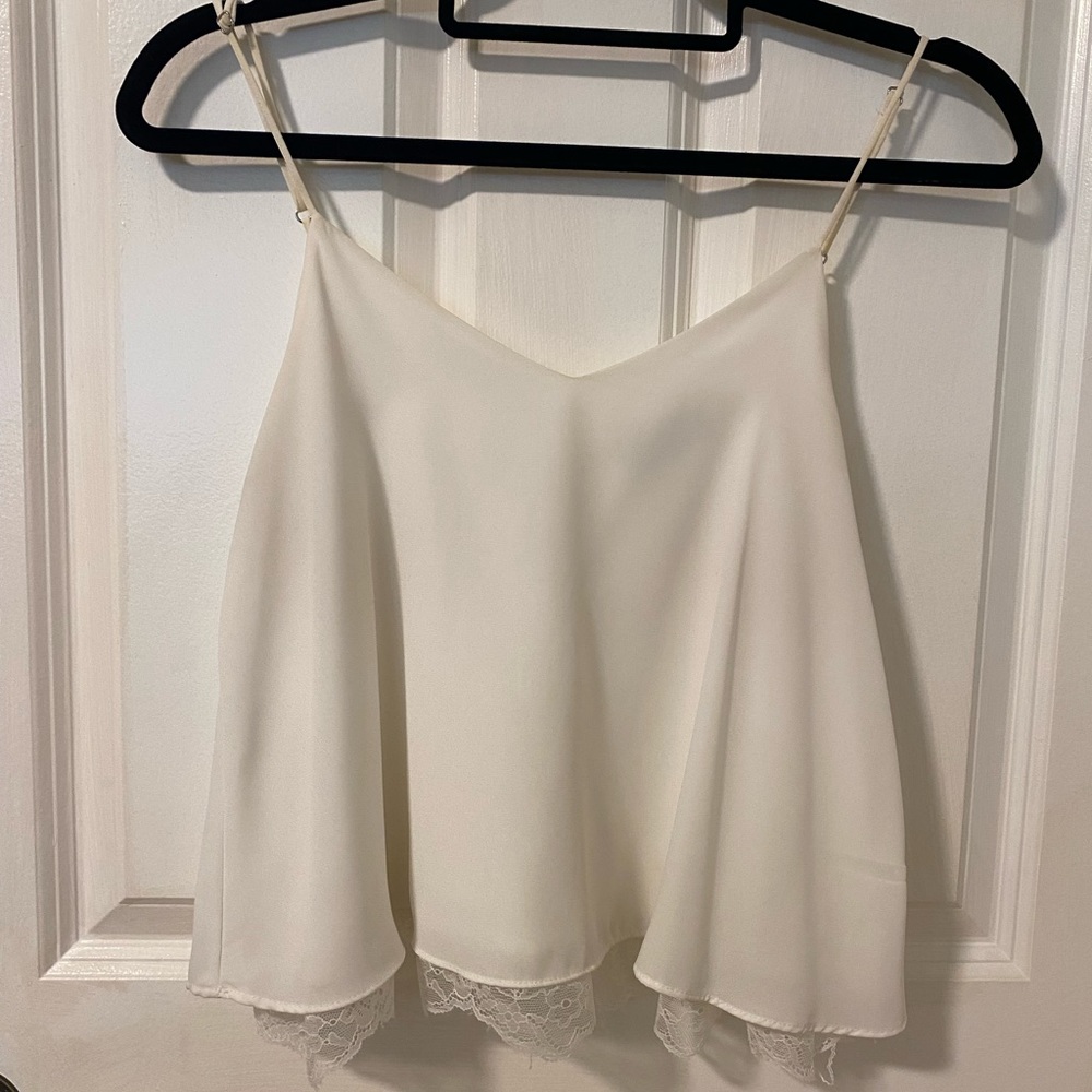 Zara trf White Flowy Cropped Blouse with Lace Detail